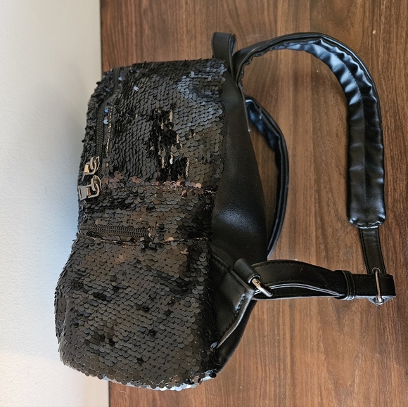 Black Sequined Faux Leather Small Backpack Adjustable Strap Silvertone Hardware - Picture 3 of 16